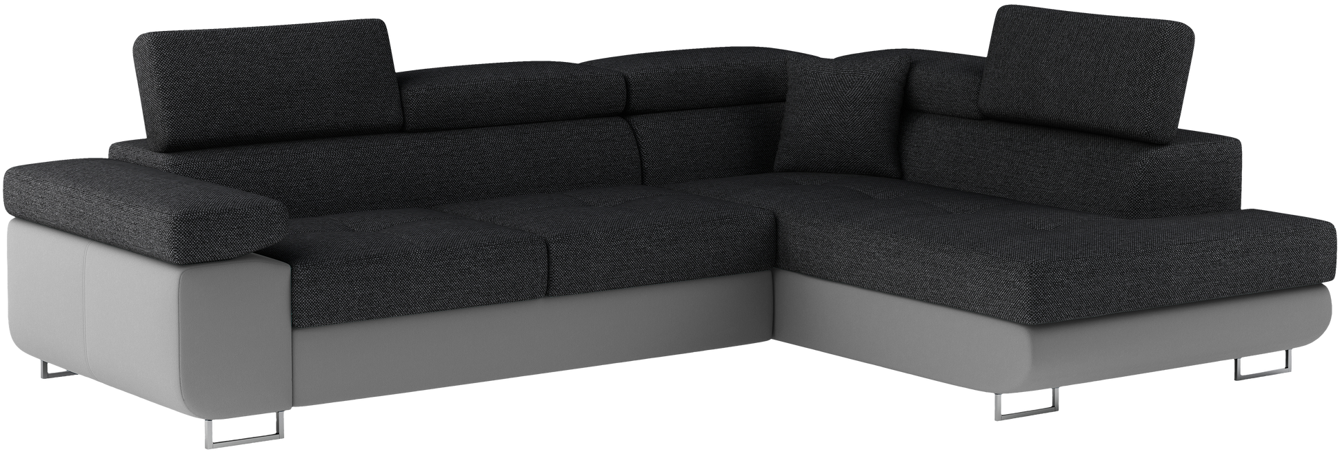 Narożnik Anton w kolorze Inari 96 ciemnoszary / Soft 29 szary, układ prawy – widok z przodu pod kątem.