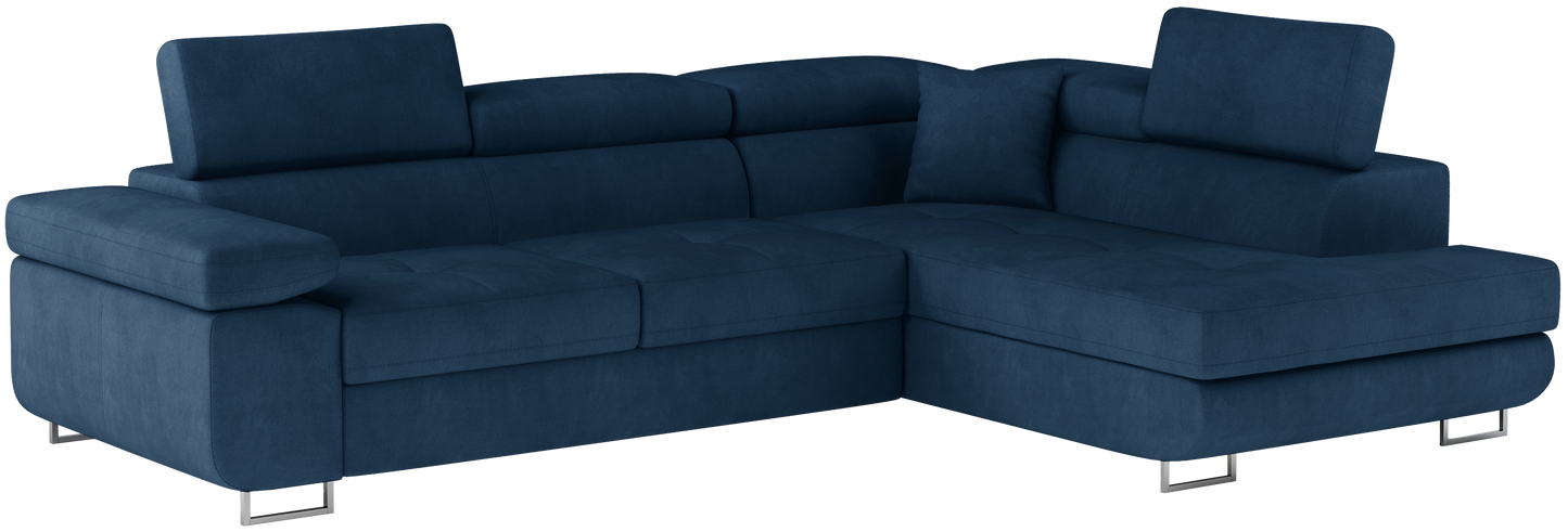 Narożnik Anton w kolorze Kronos 09 granatowy, układ prawy – widok z przodu pod kątem.