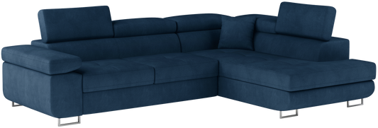 Narożnik Anton w kolorze Kronos 09 granatowy, układ prawy – widok z przodu pod kątem.