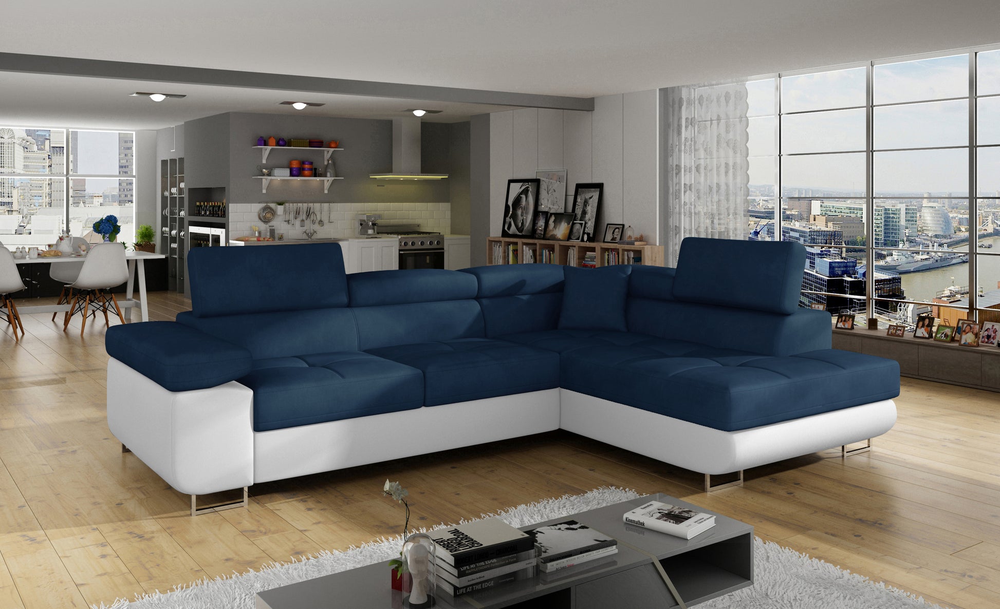 Narożnik Anton Kronos 09 granatowy / Soft 17 biały w aranżacji nowoczesnego salonu.
