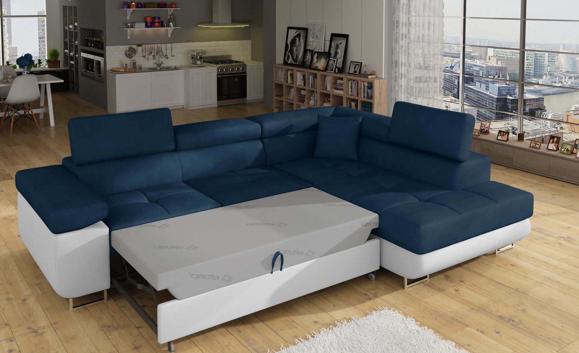 Narożnik Anton Kronos 09 granatowy / Soft 17 biały rozłożony do funkcji spania – widok w salonie.