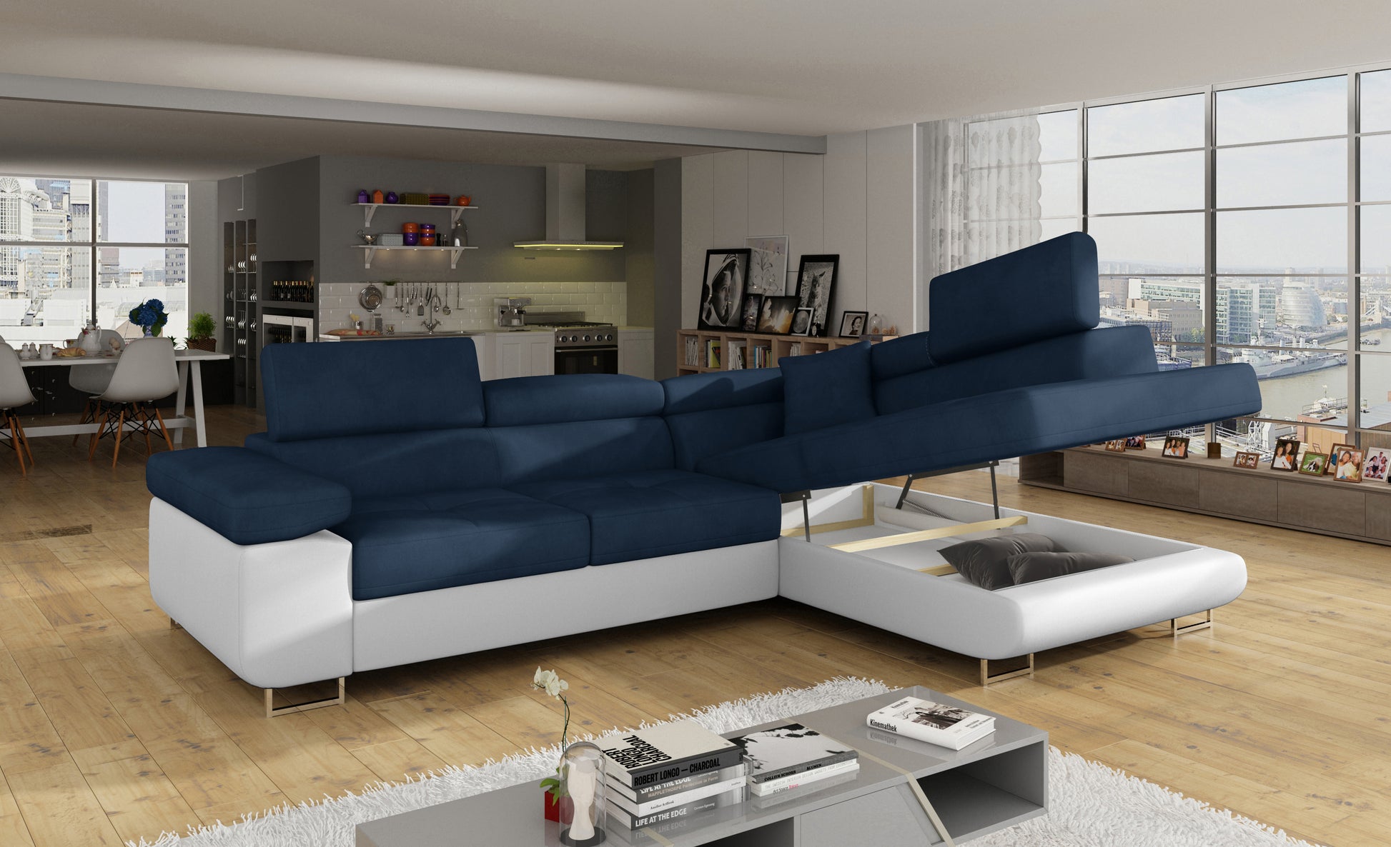 Narożnik Anton Kronos 09 granatowy / Soft 17 biały z otwartym pojemnikiem na pościel.