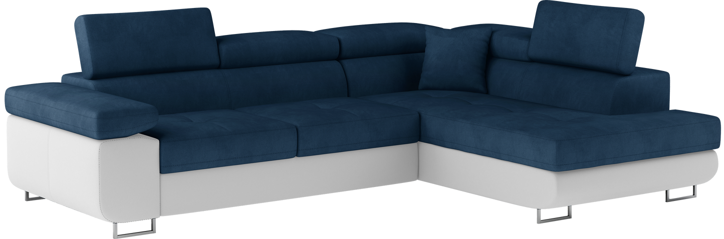 Narożnik Anton w kolorze Kronos 09 granatowy / Soft 17 biały, układ prawy – widok z przodu pod kątem.