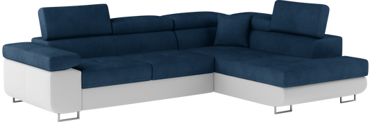 Narożnik Anton w kolorze Kronos 09 granatowy / Soft 17 biały, układ prawy – widok z przodu pod kątem.