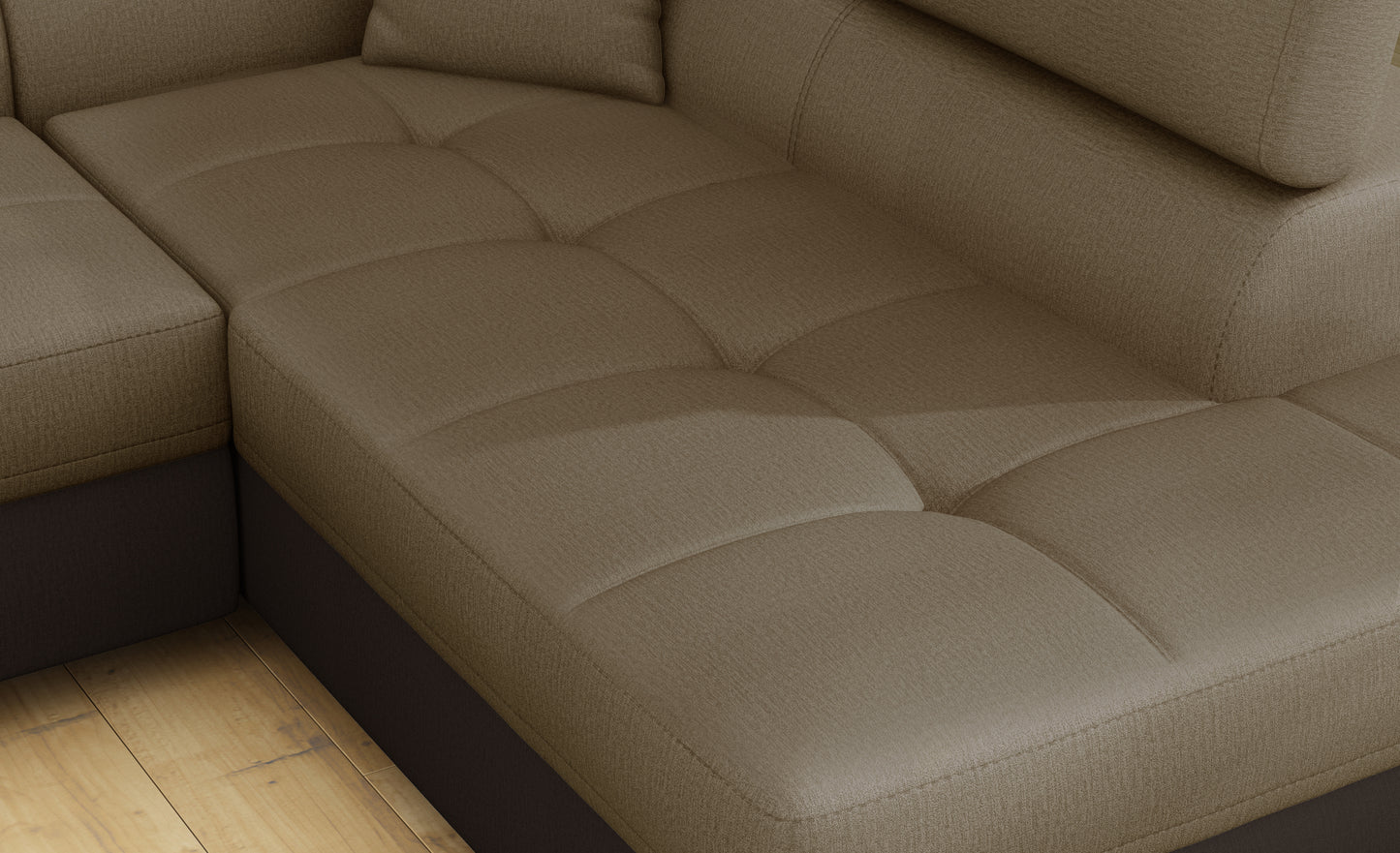 Zbliżenie na siedzisko narożnika Anton w kolorze Monolith 09 jasnobrązowy / Monolith 29 brązowy.