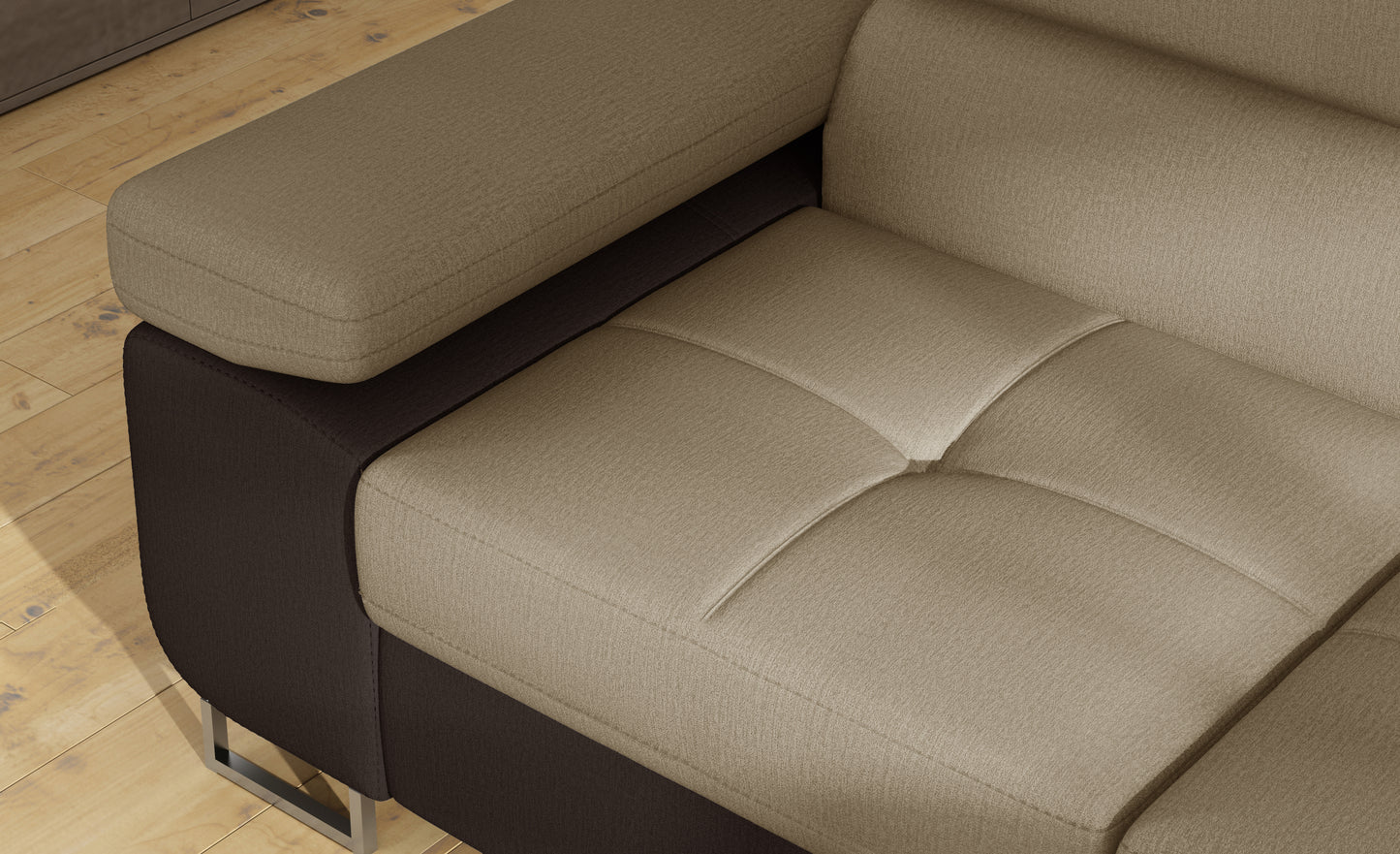 Podłokietnik narożnika Anton w kolorze Monolith 09 jasnobrązowy / Monolith 29 brązowy – widok z góry.