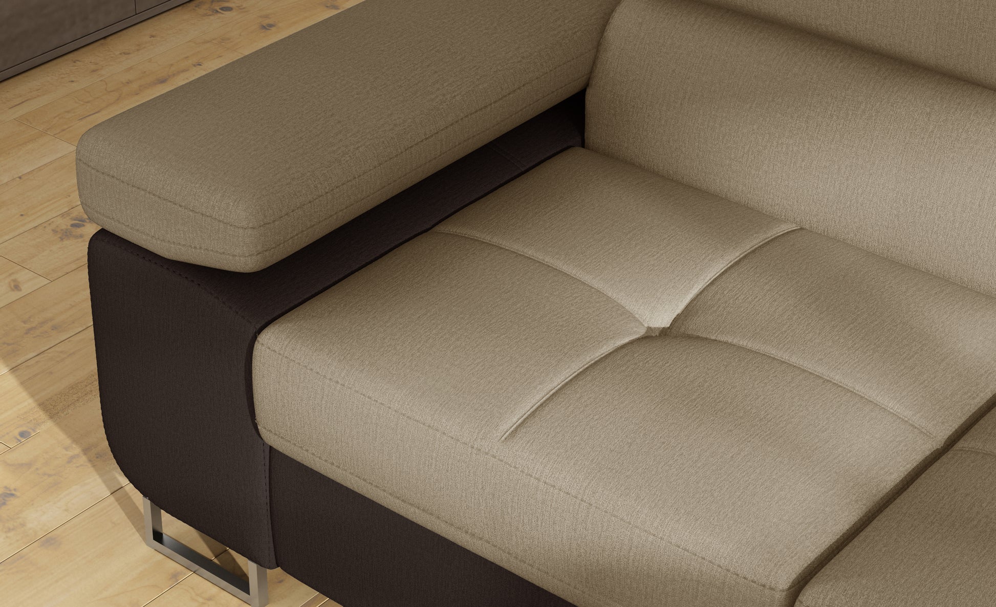 Podłokietnik narożnika Anton w kolorze Monolith 09 jasnobrązowy / Monolith 29 brązowy – widok z góry.