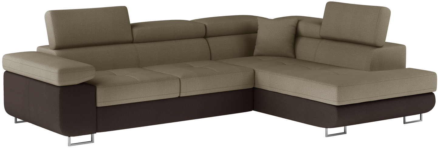 Narożnik Anton w kolorze Monolith 09 jasnobrązowy / Monolith 29 brązowy, układ prawy – widok z przodu pod kątem.