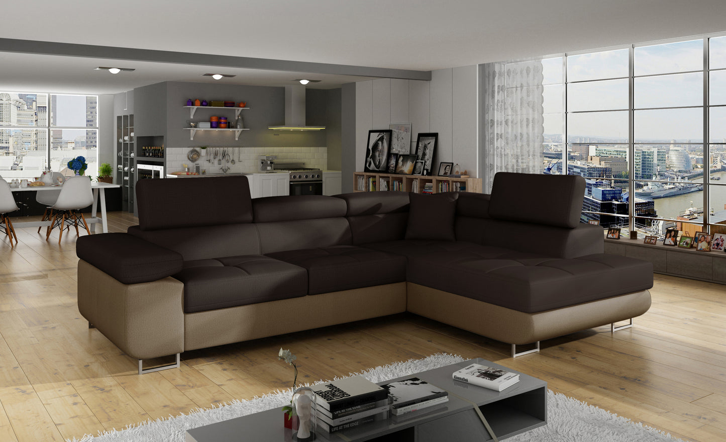 Narożnik Anton Monolith 29 brązowy / Monolith 09 jasnobrązowy w aranżacji nowoczesnego salonu.