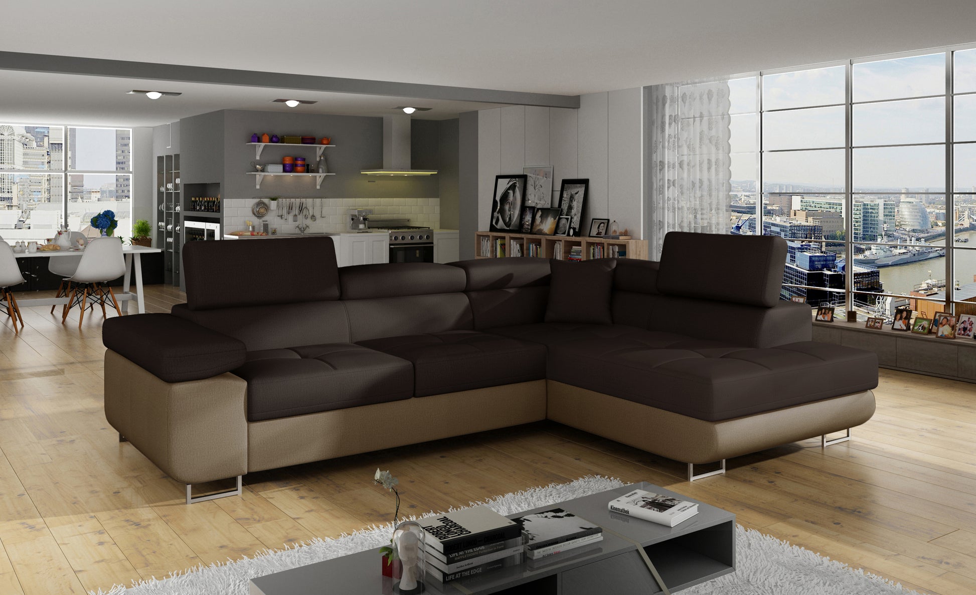 Narożnik Anton Monolith 29 brązowy / Monolith 09 jasnobrązowy w aranżacji nowoczesnego salonu.