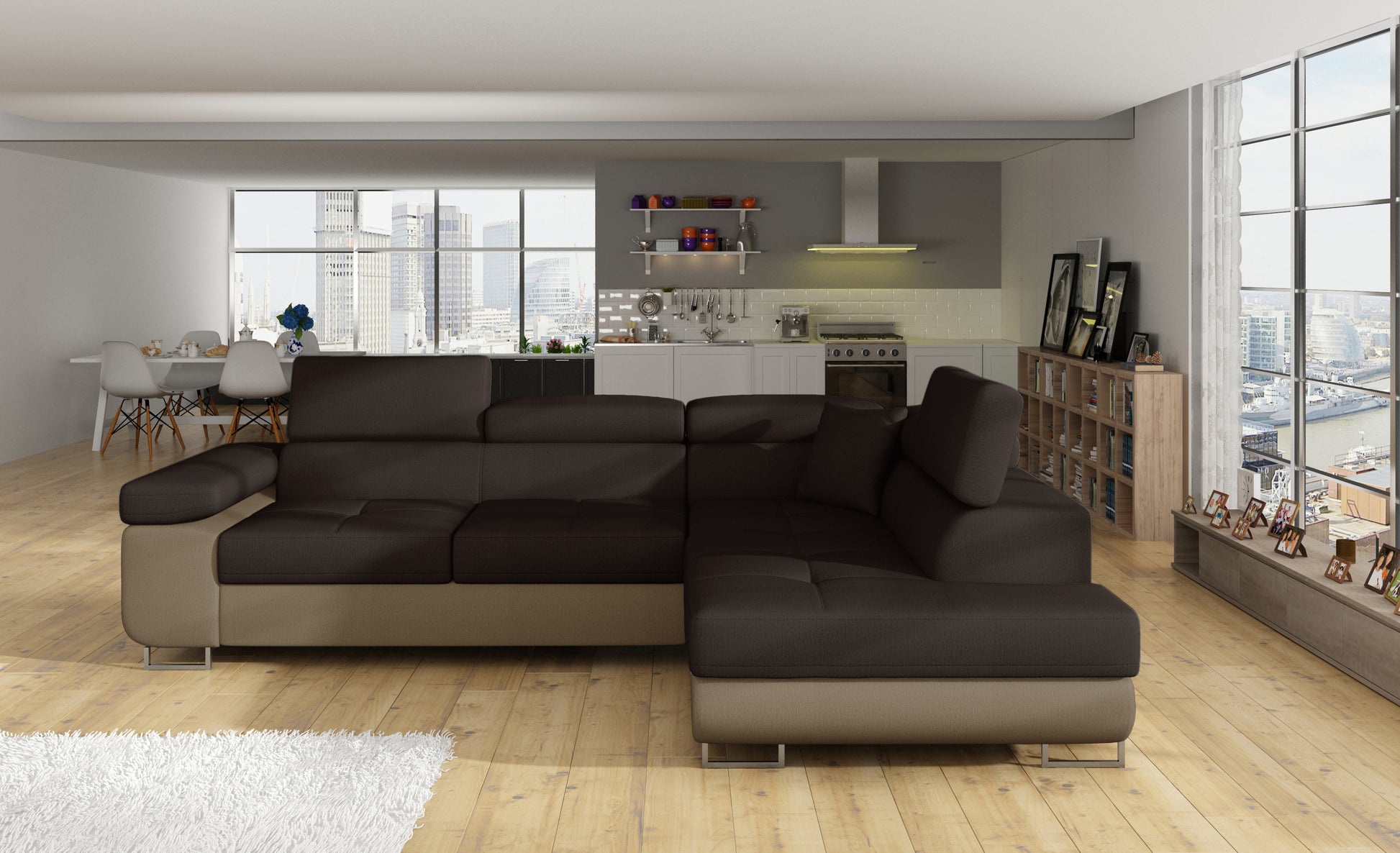 Narożnik Anton Monolith 29 brązowy / Monolith 09 jasnobrązowy – pełny widok w jasnym salonie.