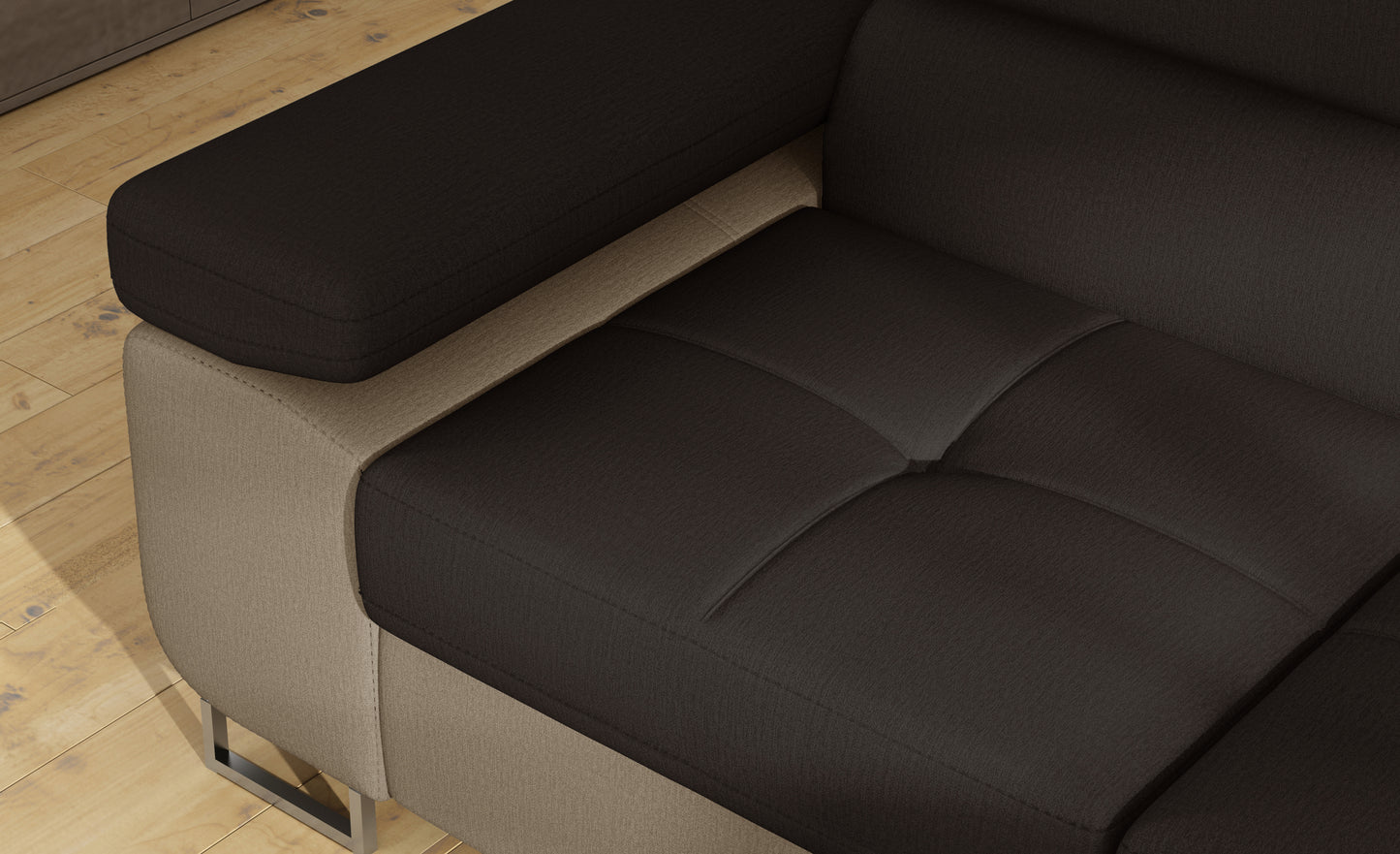 Podłokietnik narożnika Anton w kolorze Monolith 29 brązowy / Monolith 09 jasnobrązowy – widok z góry.