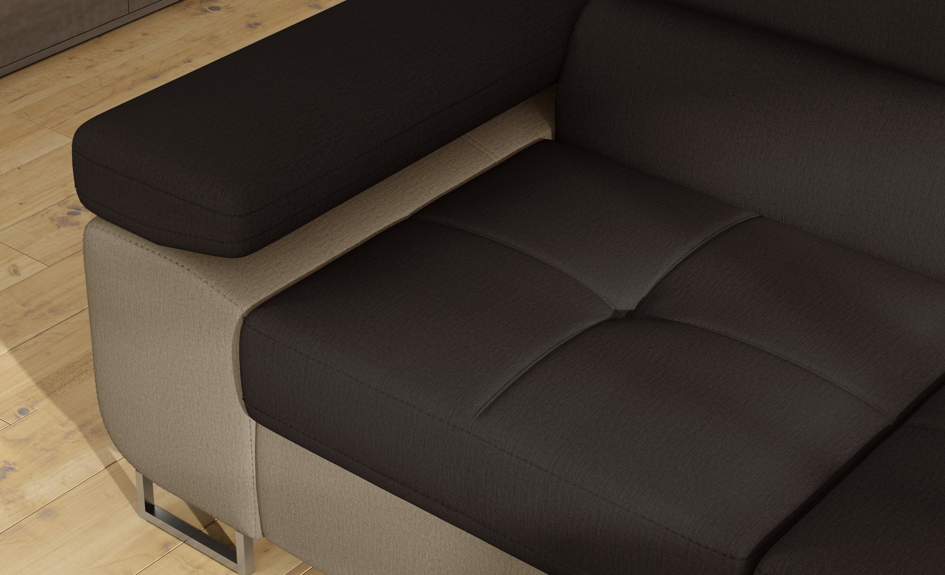 Podłokietnik narożnika Anton w kolorze Monolith 29 brązowy / Monolith 09 jasnobrązowy – widok z góry.