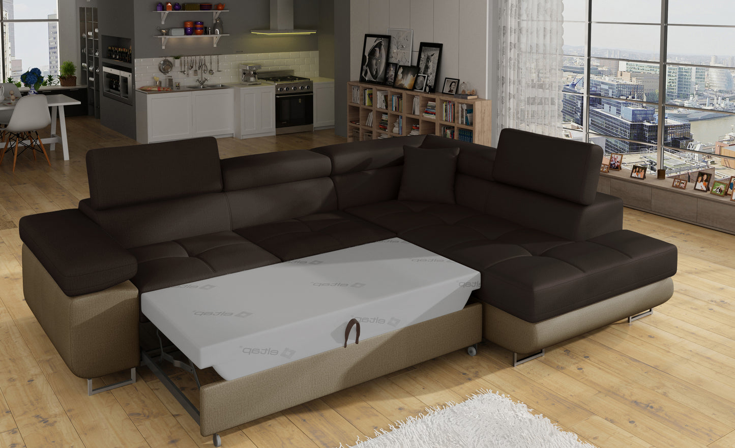 Narożnik Anton Monolith 29 brązowy / Monolith 09 jasnobrązowy rozłożony do funkcji spania – widok w salonie.