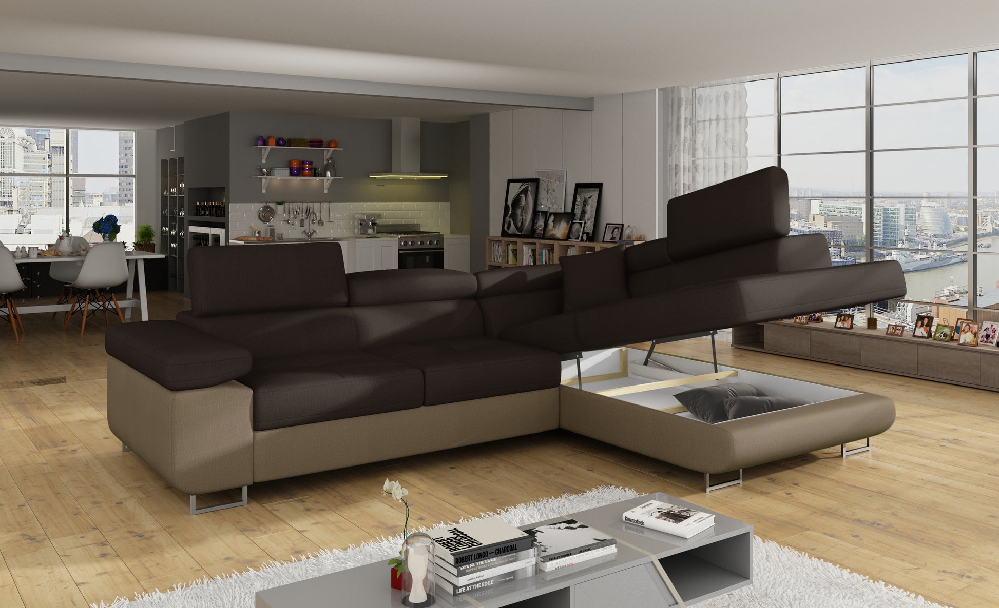 Narożnik Anton Monolith 29 brązowy / Monolith 09 jasnobrązowy z otwartym pojemnikiem na pościel.