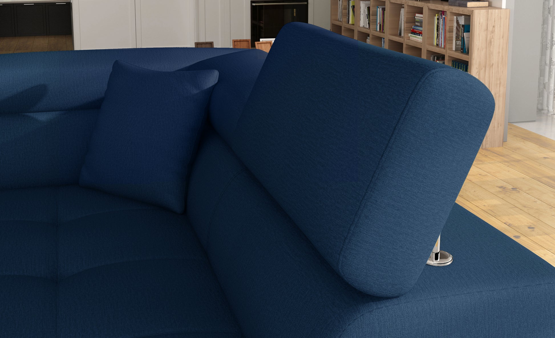 Zagłówek i poduszka narożnika Anton Monolith 77 niebieski / Monolith 84 jasnoszary – detal wykończenia.