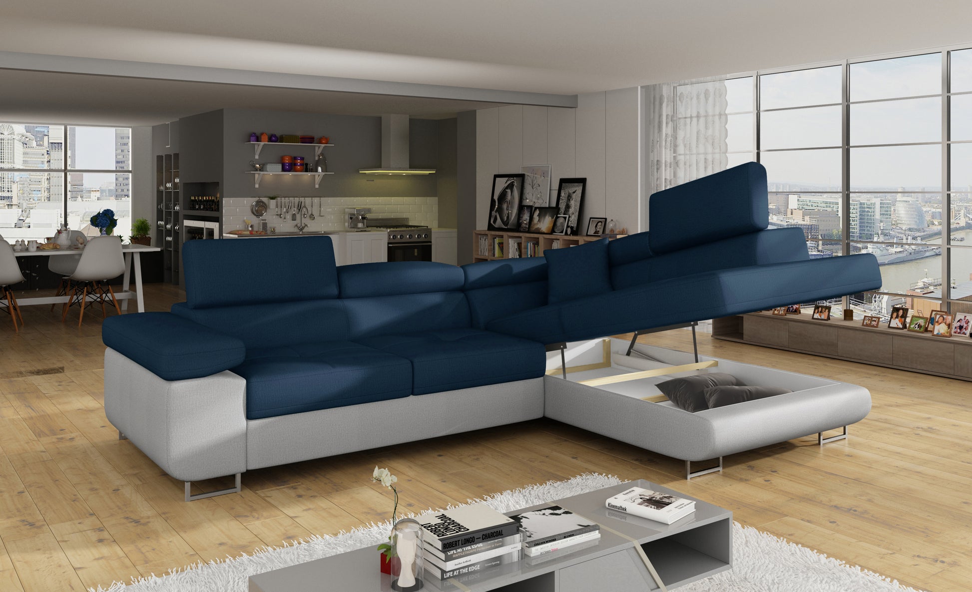 Narożnik Anton Monolith 77 niebieski / Monolith 84 jasnoszary z otwartym pojemnikiem na pościel.