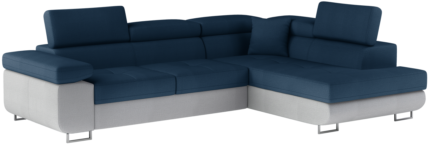 Narożnik Anton w kolorze Monolith 77 niebieski / Monolith 84 jasnoszary, układ prawy – widok z przodu pod kątem.