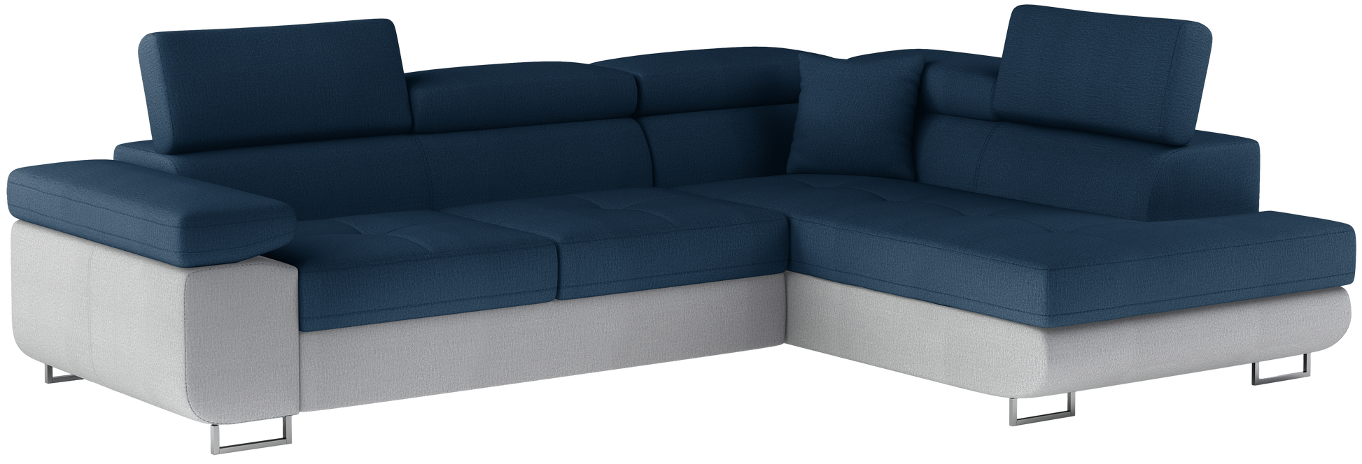 Narożnik Anton w kolorze Monolith 77 niebieski / Monolith 84 jasnoszary, układ prawy – widok z przodu pod kątem.