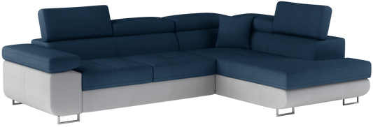 Narożnik Anton w kolorze Monolith 77 niebieski / Monolith 84 jasnoszary, układ prawy – widok z przodu pod kątem.