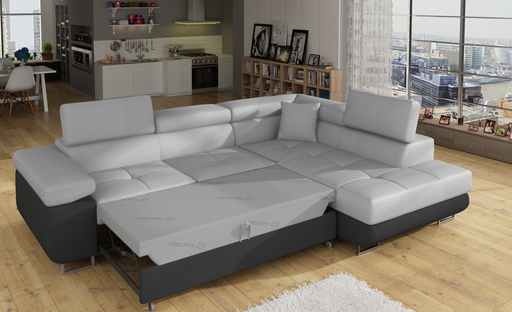 Narożnik Anton Monolith 84 jasnoszary / Monolith 97 ciemnoszary rozłożony do funkcji spania – widok w salonie.