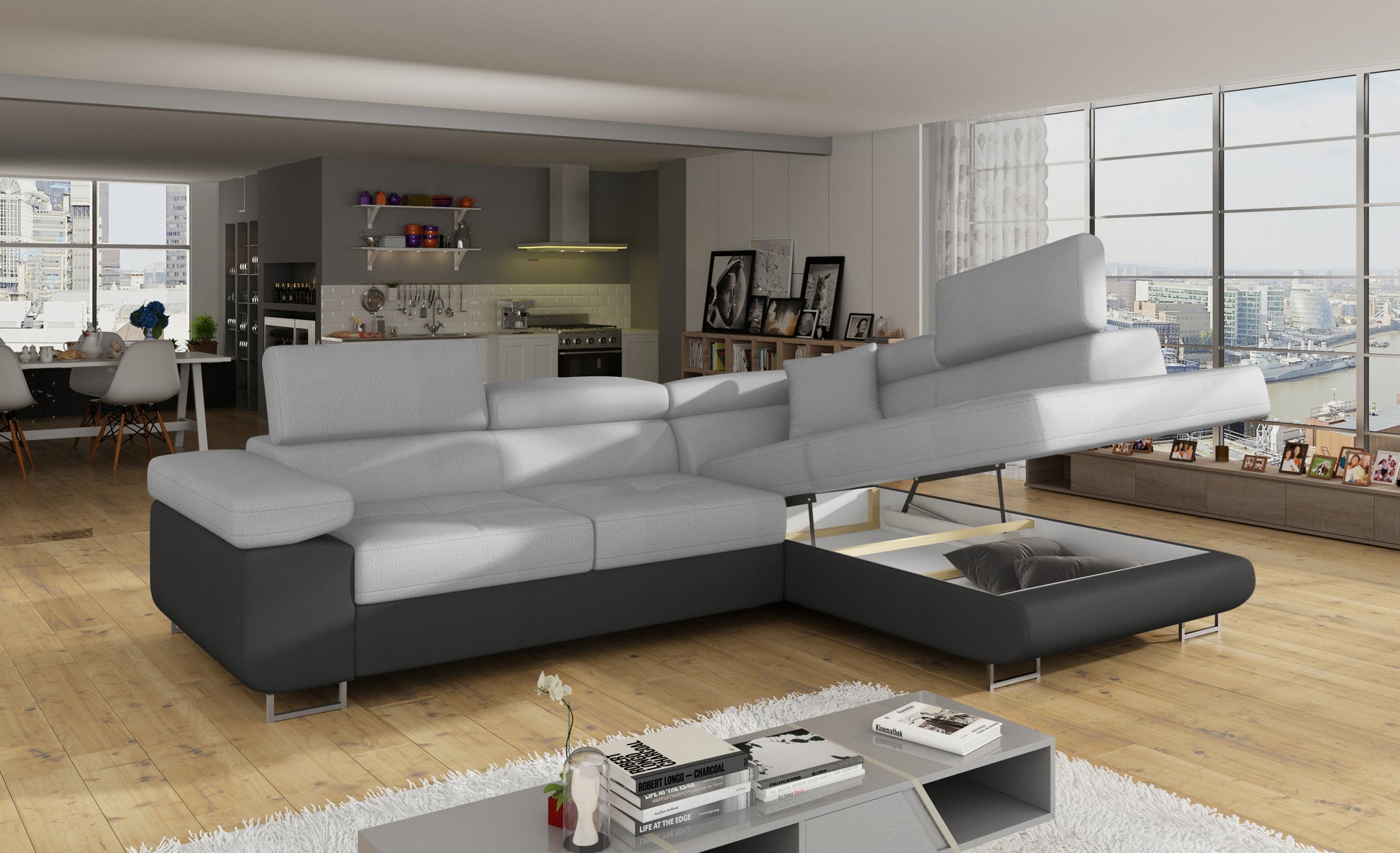 Narożnik Anton Monolith 84 jasnoszary / Monolith 97 ciemnoszary z otwartym pojemnikiem na pościel.