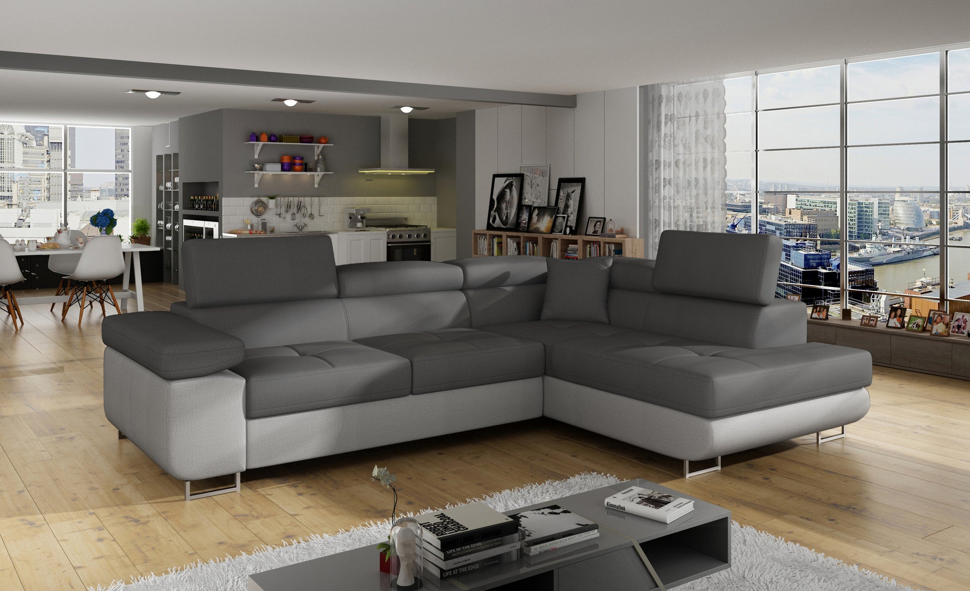 Narożnik Anton Monolith 97 ciemnoszary / Monolith 84 jasnoszary w aranżacji przestronnego salonu.