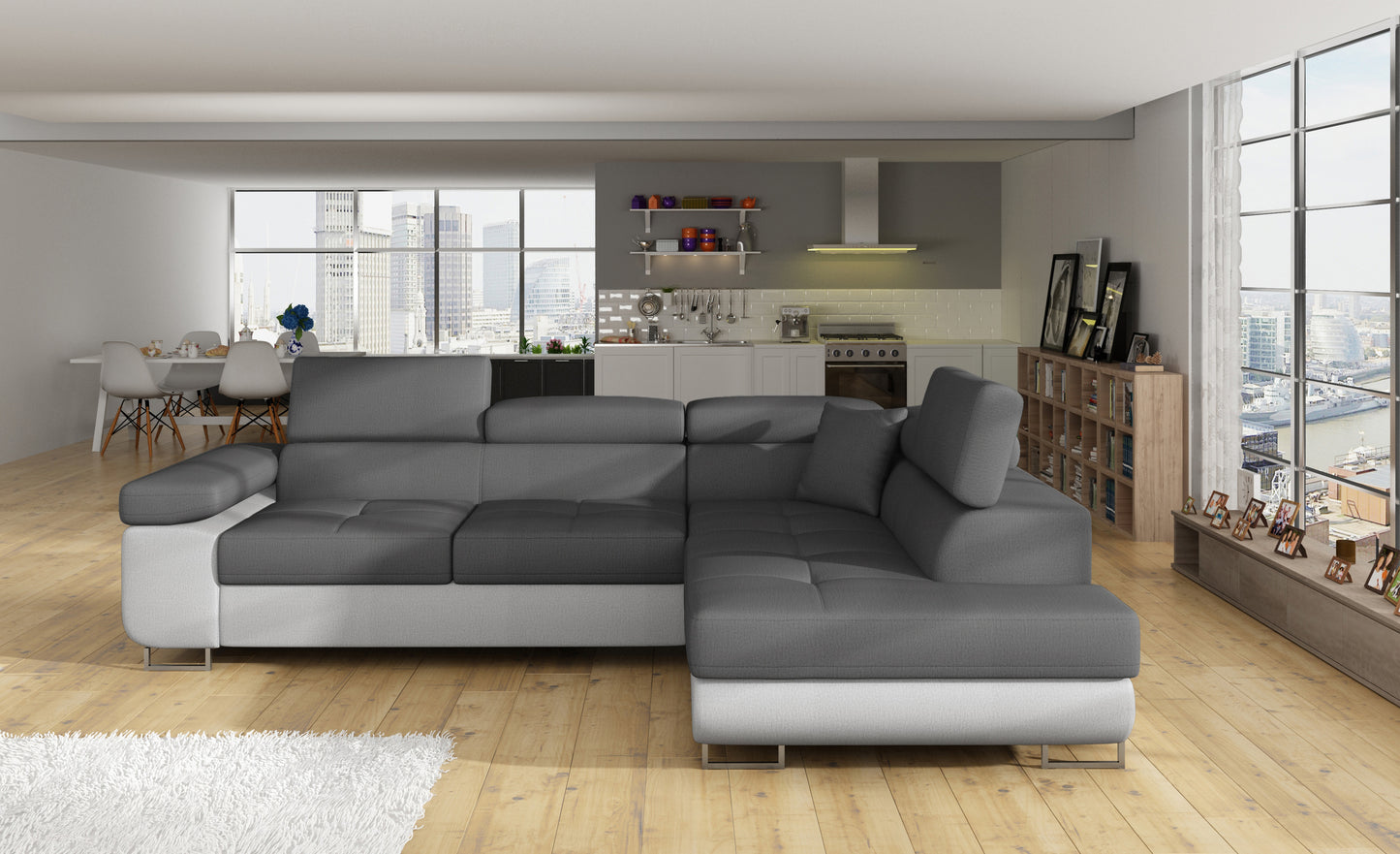 Narożnik Anton Monolith 97 ciemnoszary / Monolith 84 jasnoszary – pełny widok w nowoczesnym salonie.