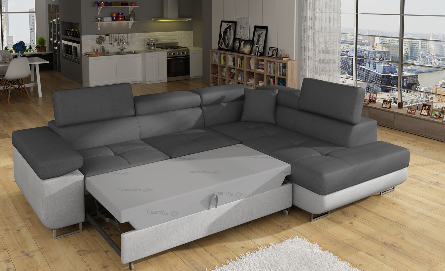 Narożnik Anton Monolith 97 ciemnoszary / Monolith 84 jasnoszary rozłożony do funkcji spania – widok w salonie.