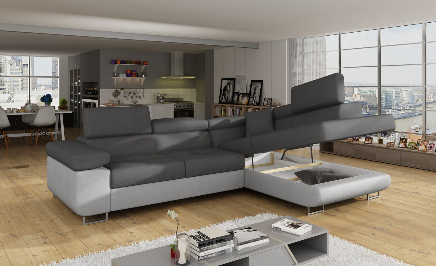 Narożnik Anton Monolith 97 ciemnoszary / Monolith 84 jasnoszary z otwartym pojemnikiem na pościel.