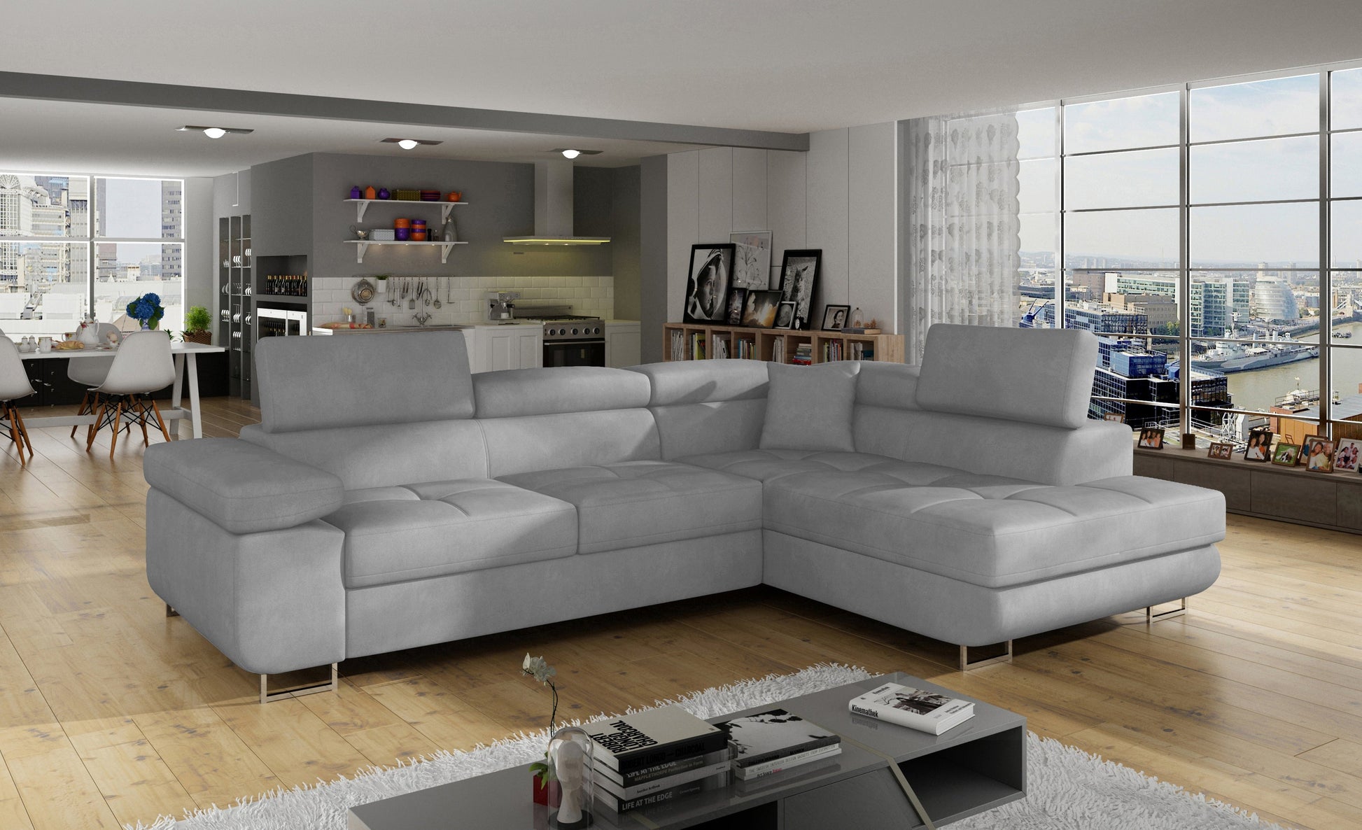 Narożnik Anton Paros 05 jasnoszary w aranżacji nowoczesnego salonu.