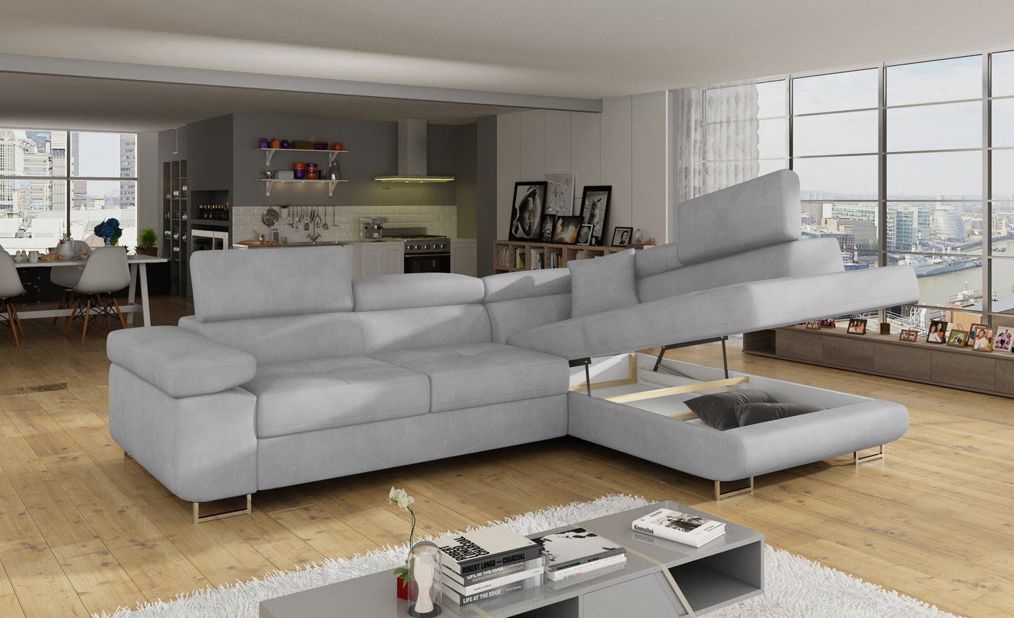 Narożnik Anton Paros 05 jasnoszary z otwartym pojemnikiem na pościel.