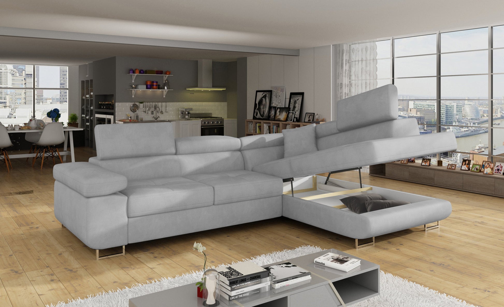 Narożnik Anton Paros 05 jasnoszary z otwartym pojemnikiem na pościel.