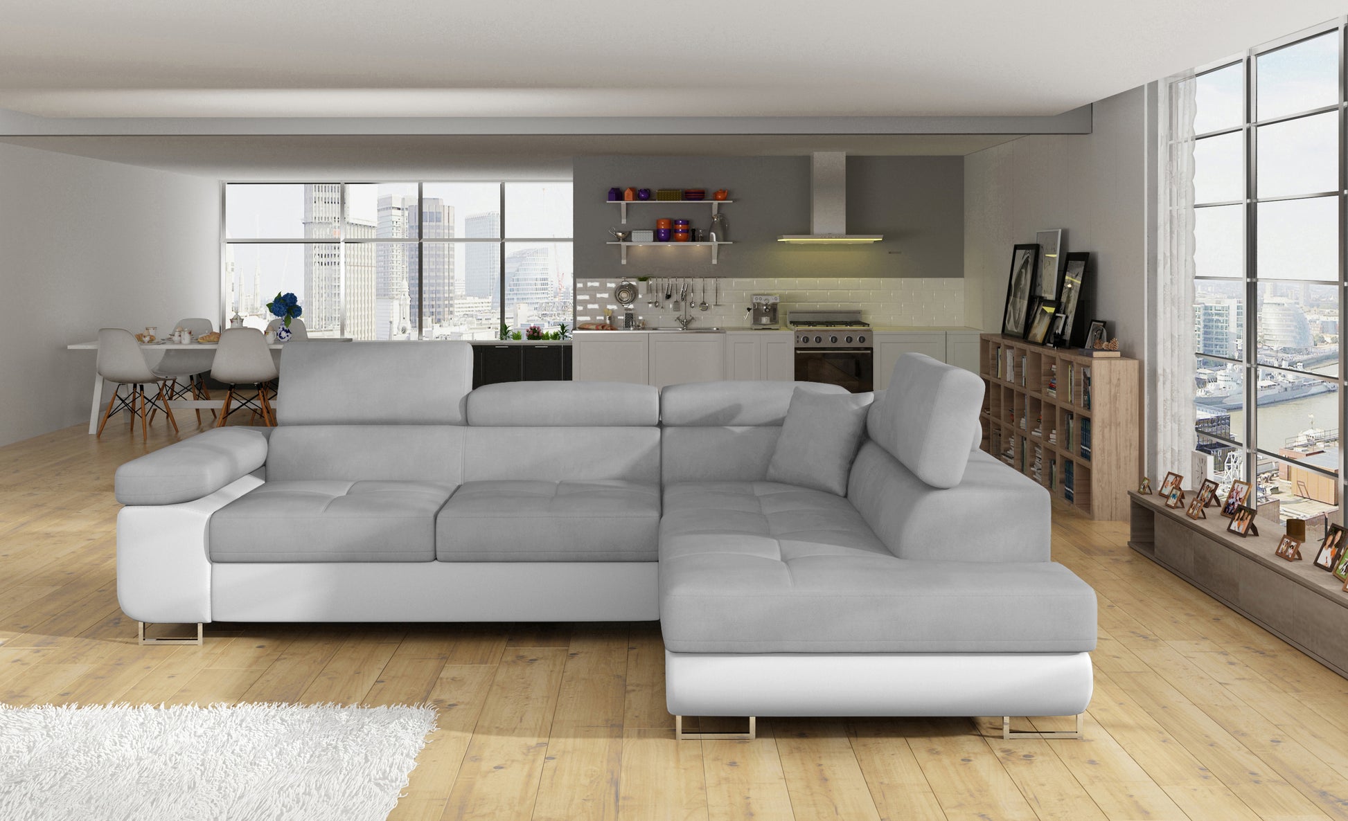 Narożnik Anton Paros 05 jasnoszary / Soft 17 biały – pełny widok w przestronnym salonie.