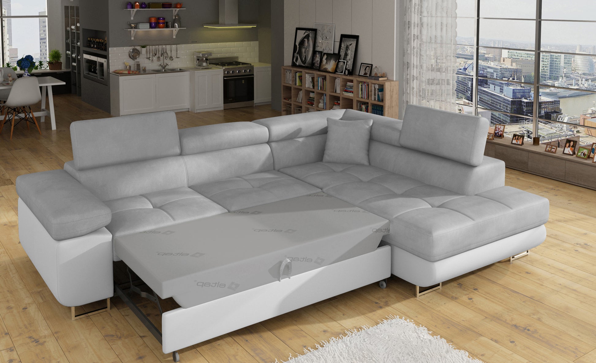 Narożnik Anton Paros 05 jasnoszary / Soft 17 biały rozłożony do funkcji spania – widok w salonie.