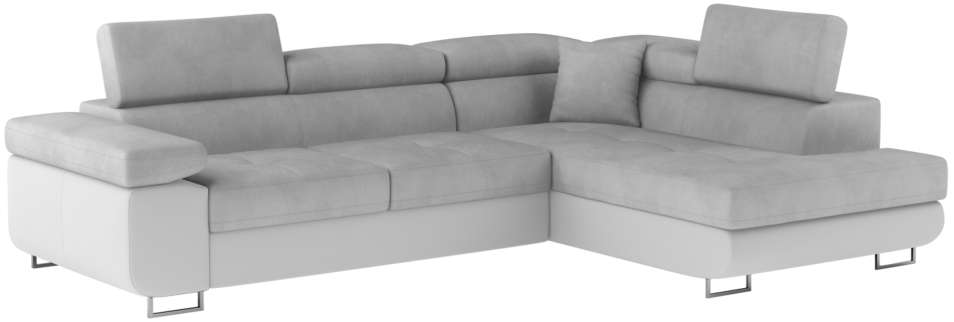 Narożnik Anton w kolorze Paros 05 jasnoszary / Soft 17 biały, układ prawy – widok z przodu pod kątem.