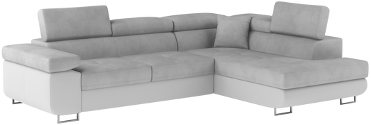 Narożnik Anton w kolorze Paros 05 jasnoszary / Soft 17 biały, układ prawy – widok z przodu pod kątem.