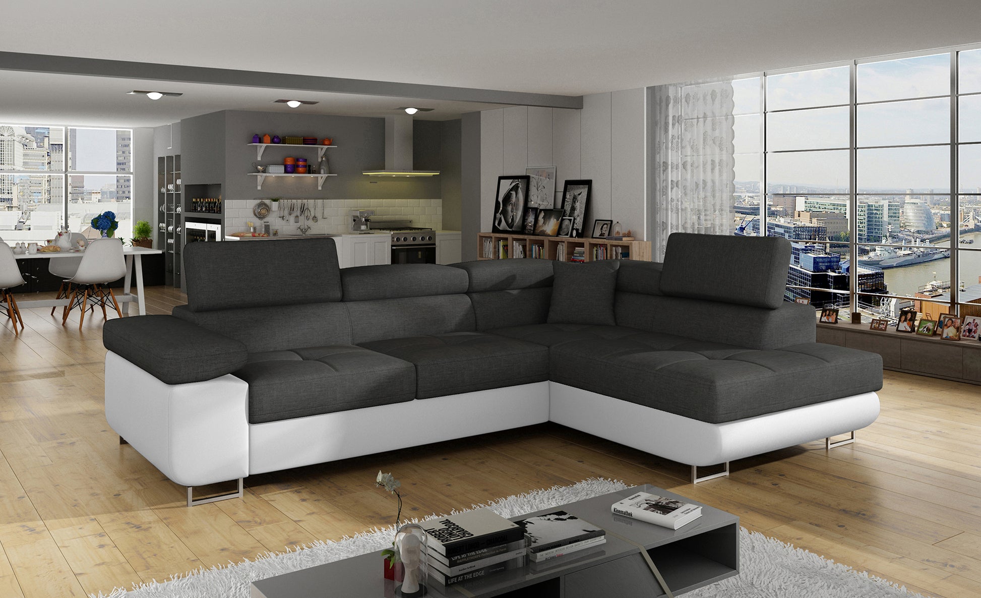 Narożnik Anton Sawana 05 ciemnoszary / Soft 17 biały w aranżacji nowoczesnego salonu z dużymi oknami.