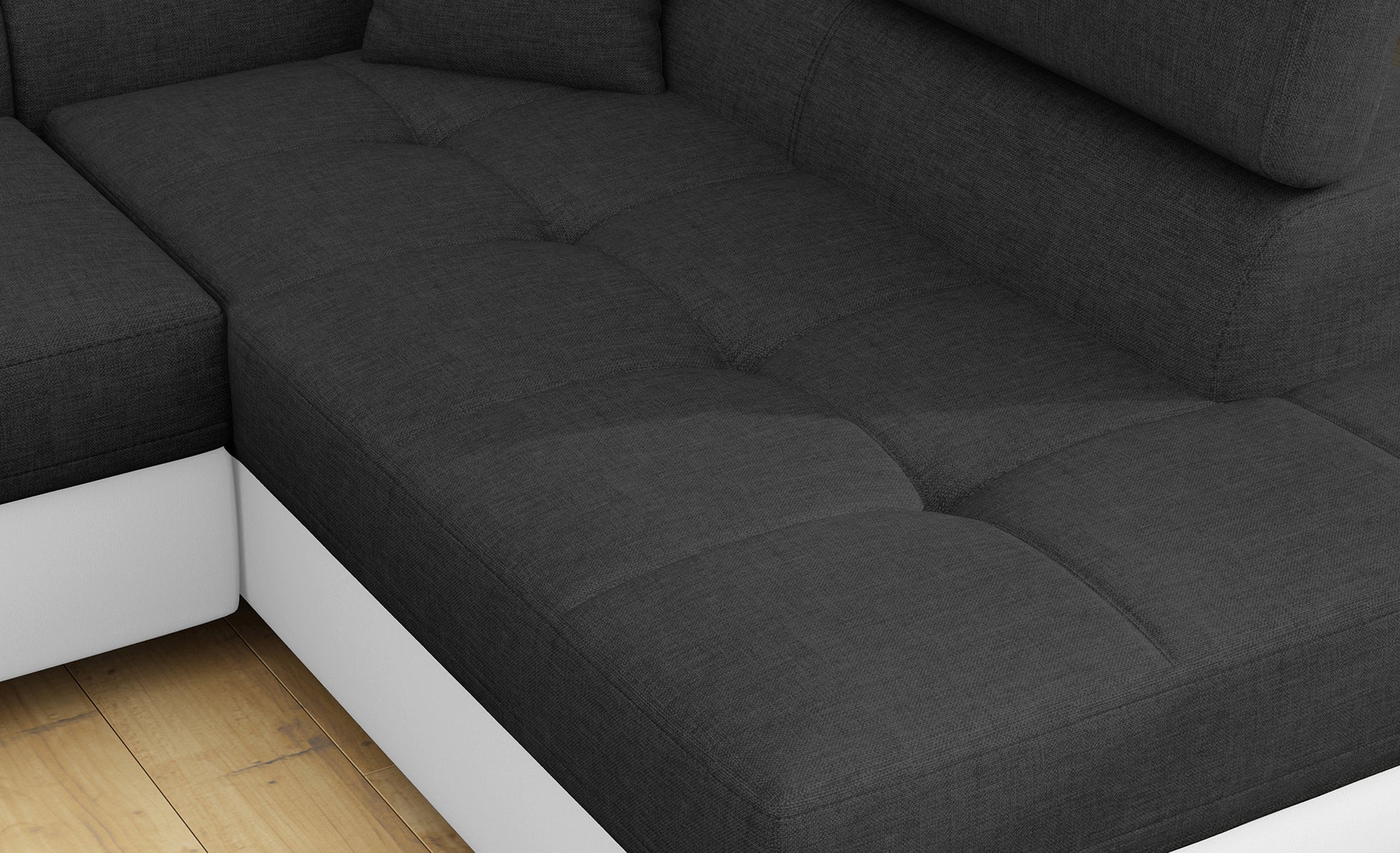 Zbliżenie na siedzisko narożnika Anton w kolorze Sawana 05 ciemnoszary / Soft 17 biały.