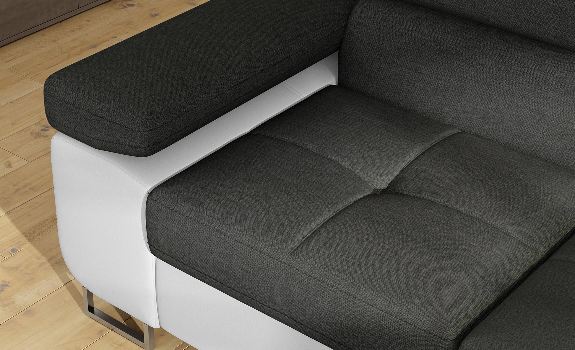 Podłokietnik narożnika Anton w kolorze Sawana 05 ciemnoszary / Soft 17 biały – widok z góry.