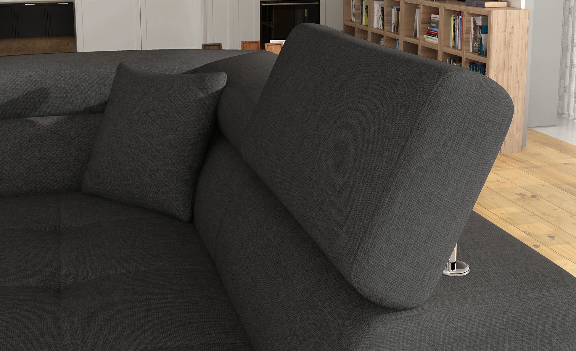 Zagłówek i poduszka narożnika Anton Sawana 05 ciemnoszary / Soft 17 biały – detal wykończenia.