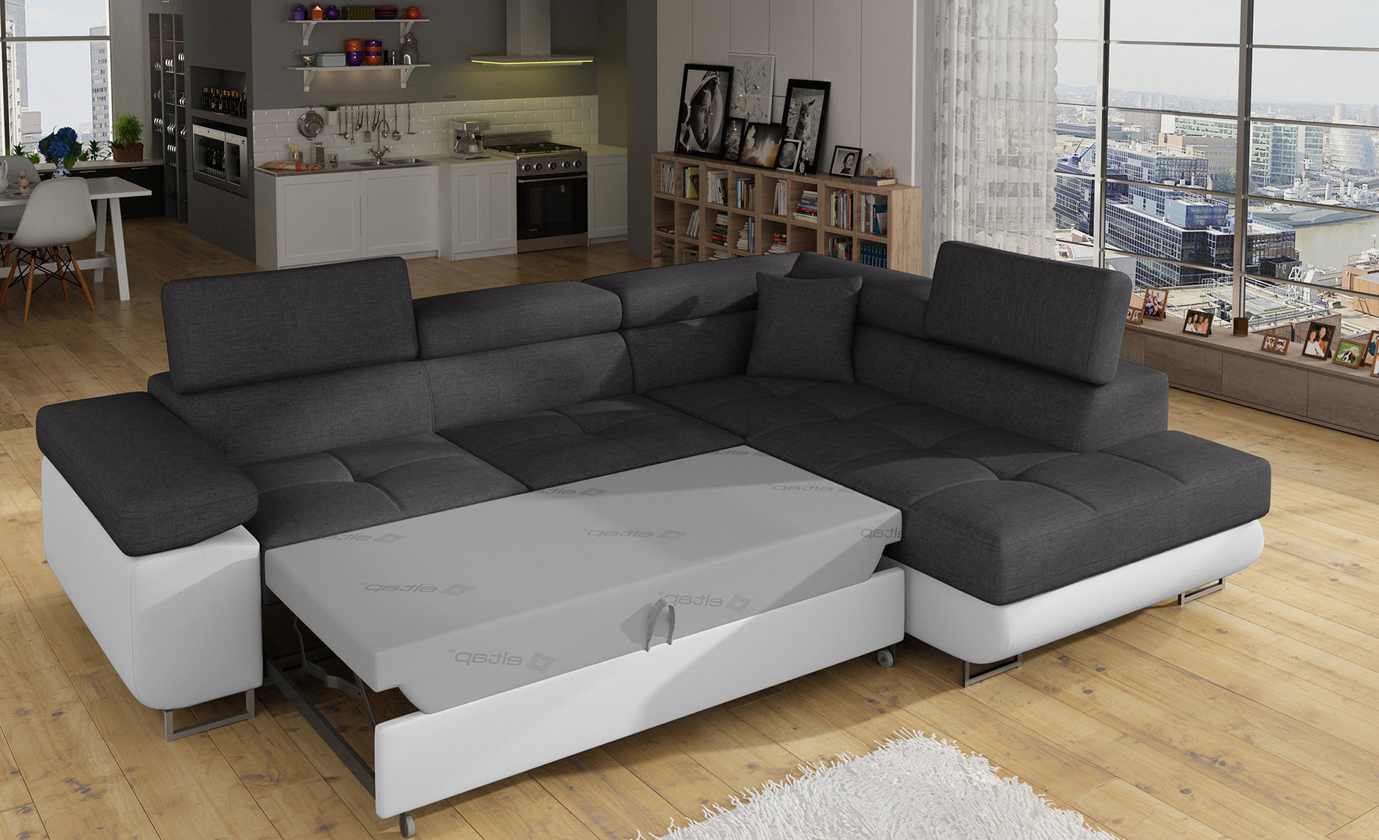Narożnik Anton Sawana 05 ciemnoszary / Soft 17 biały rozłożony do funkcji spania – ujęcie w salonie.