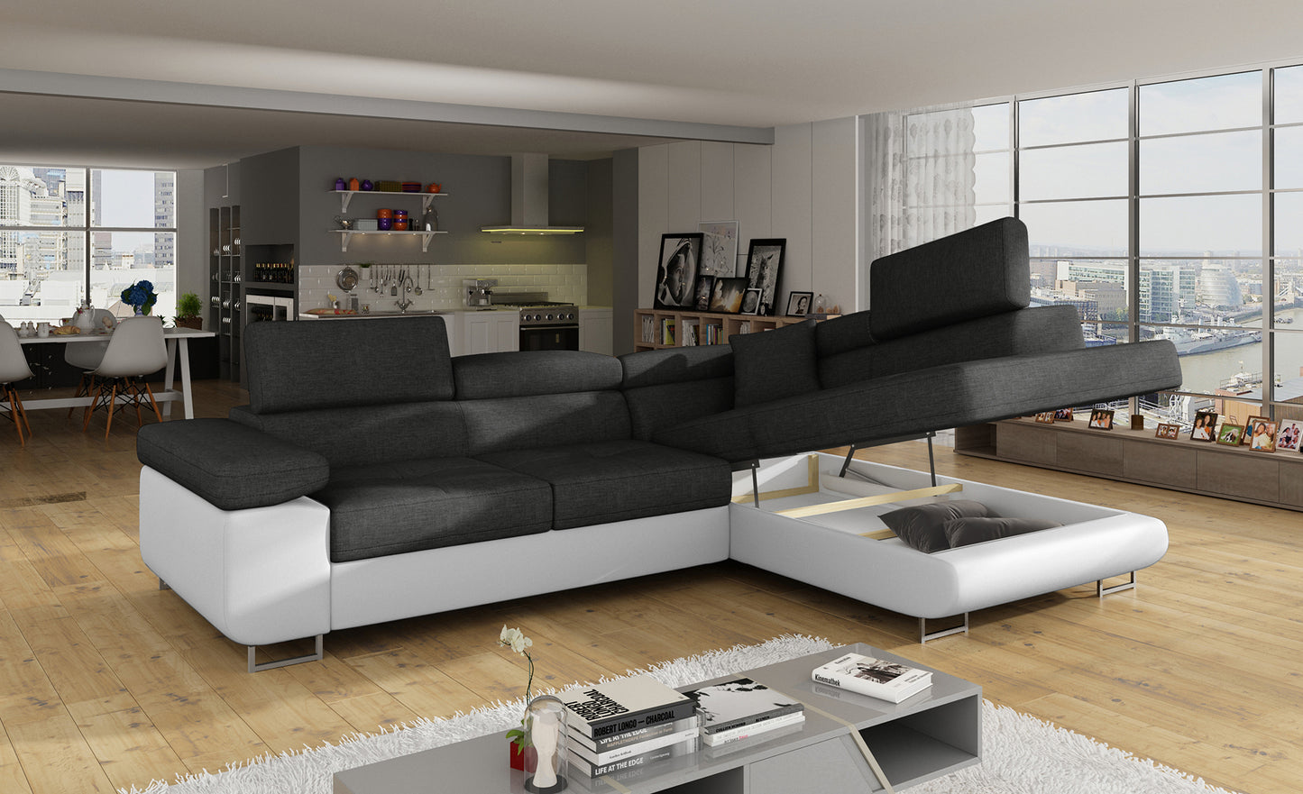 Narożnik Anton Sawana 05 ciemnoszary / Soft 17 biały z otwartym pojemnikiem na pościel.