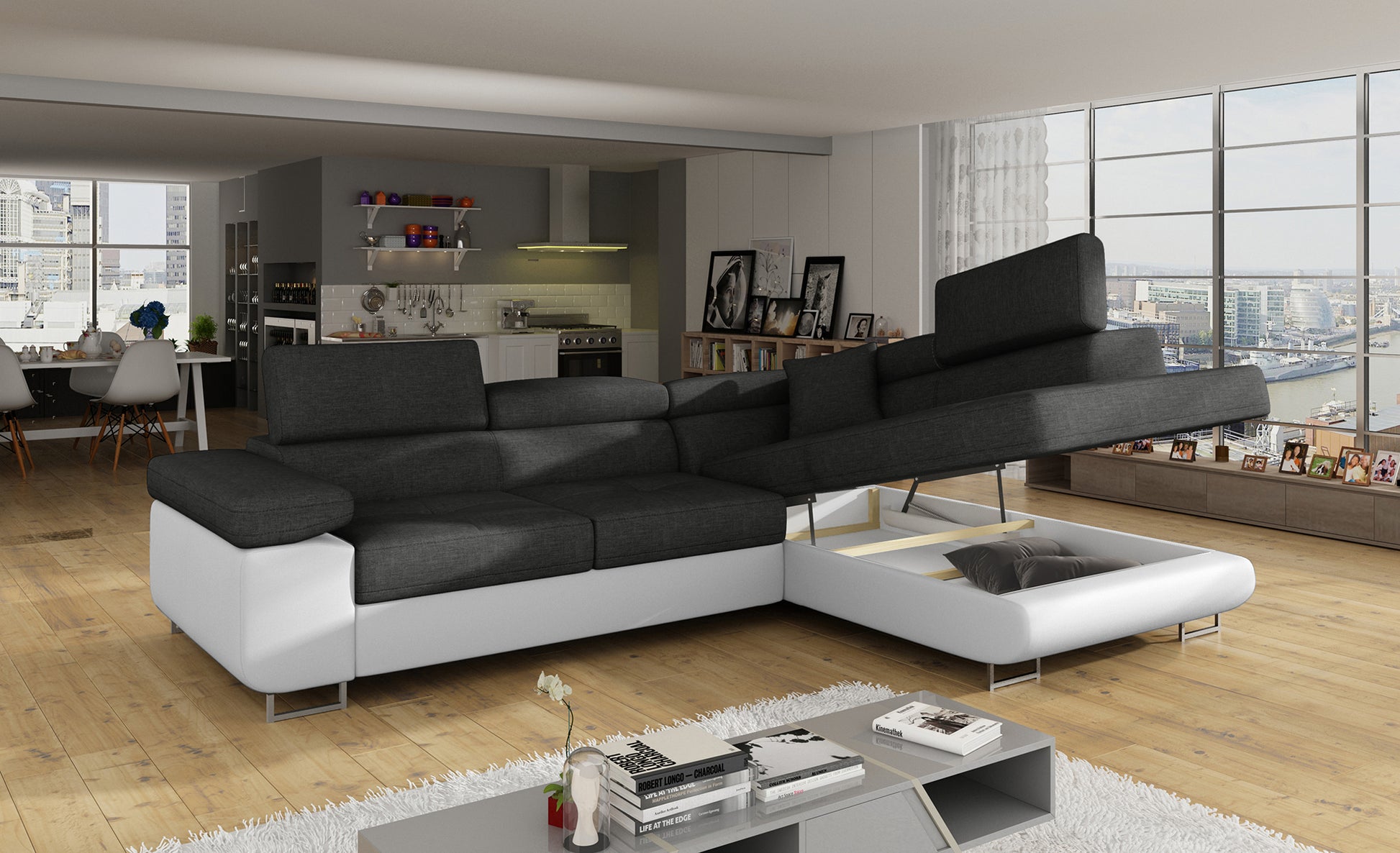 Narożnik Anton Sawana 05 ciemnoszary / Soft 17 biały z otwartym pojemnikiem na pościel.