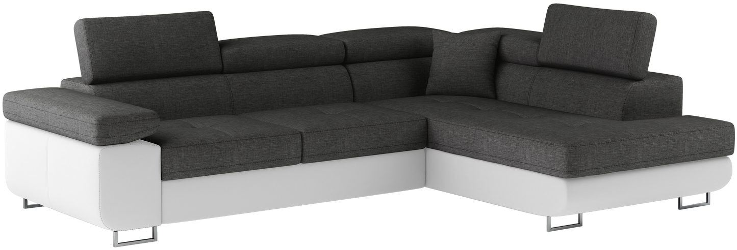 Narożnik Anton w kolorze Sawana 05 ciemnoszary / Soft 17 biały, układ prawy – widok z przodu pod kątem.