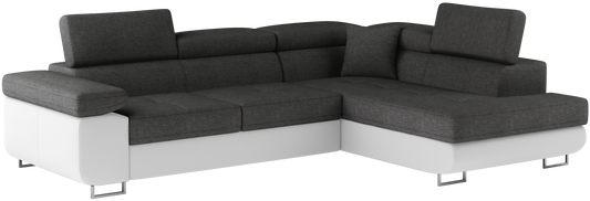 Narożnik Anton w kolorze Sawana 05 ciemnoszary / Soft 17 biały, układ prawy – widok z przodu pod kątem.