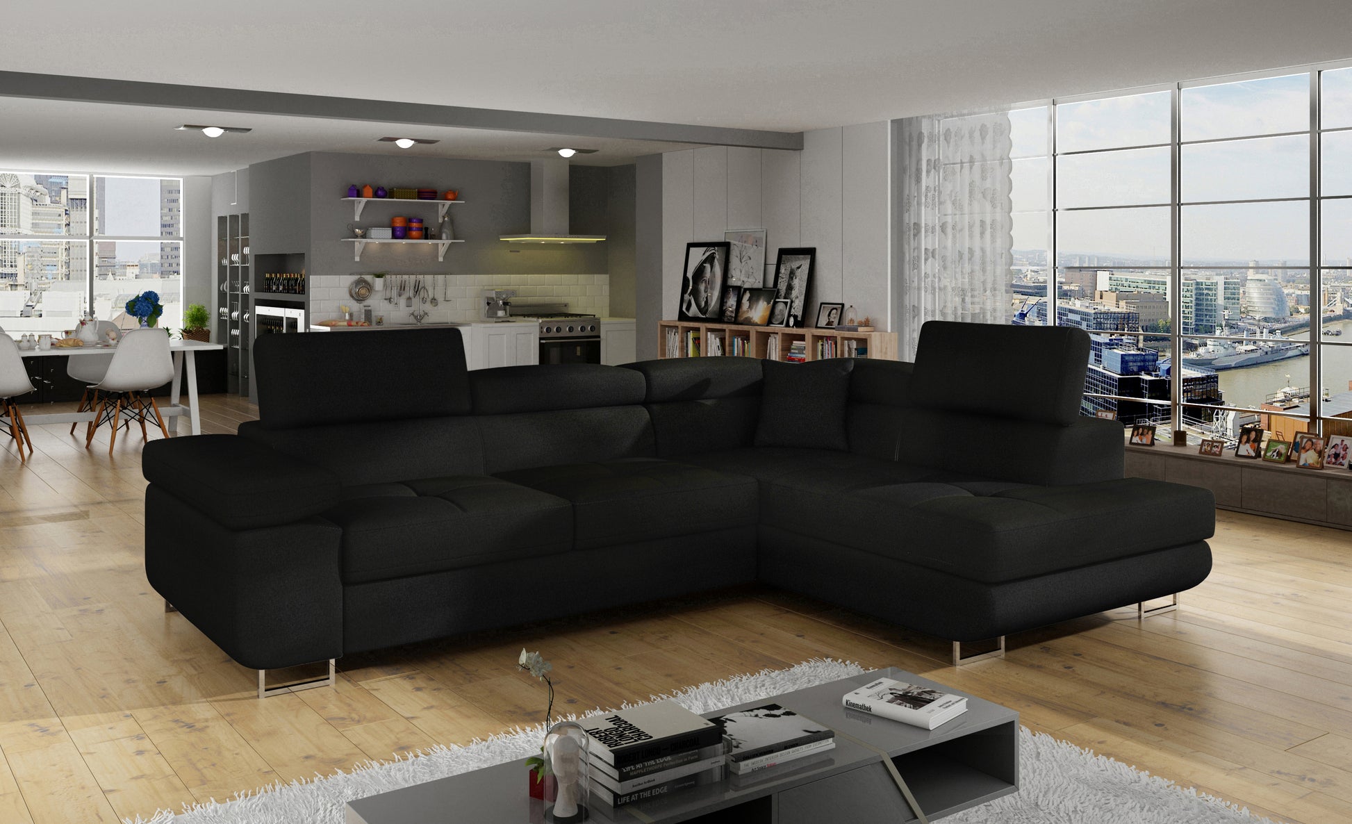 Narożnik Anton Sawana 14 czarny w aranżacji nowoczesnego salonu.