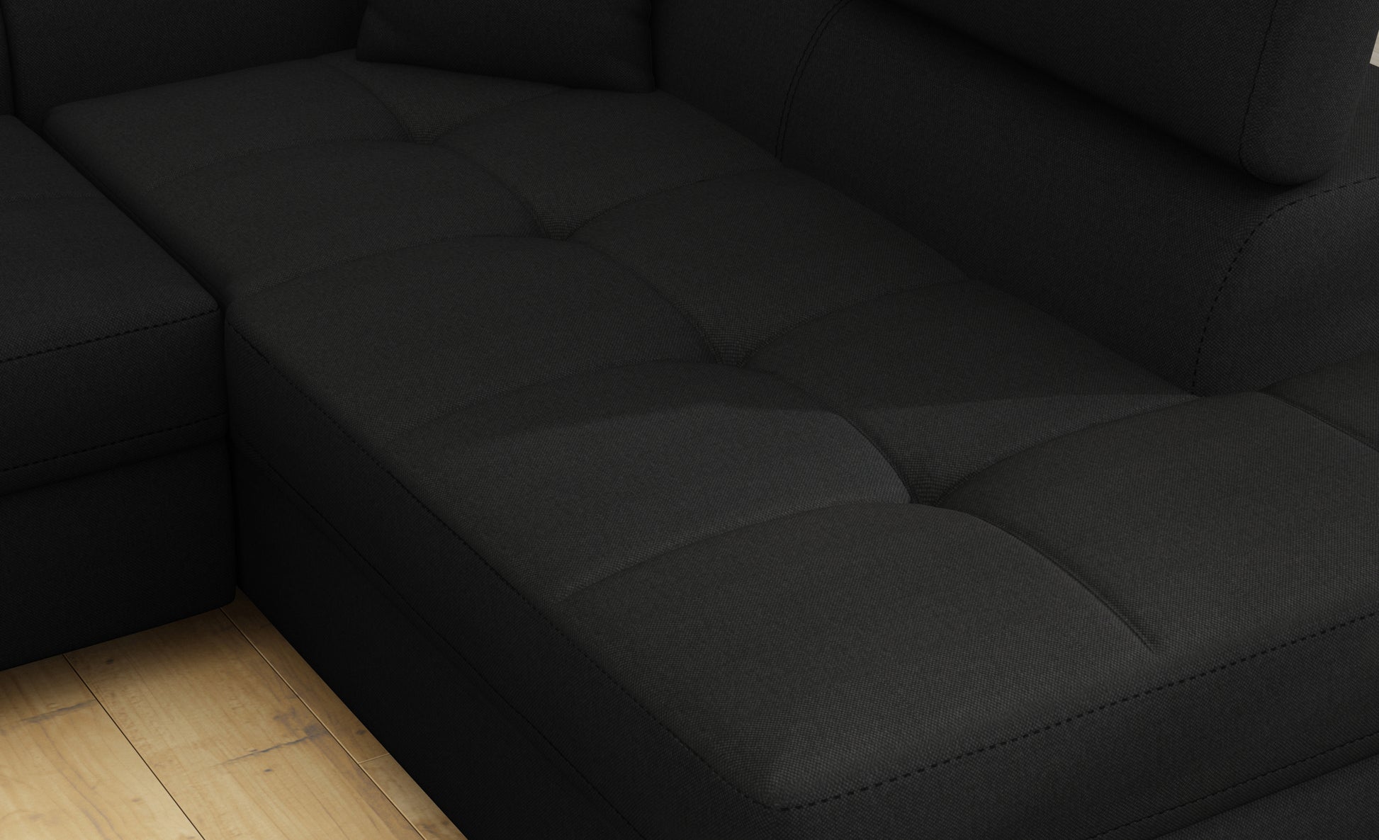 Zbliżenie na siedzisko narożnika Anton w kolorze Sawana 14 czarny.