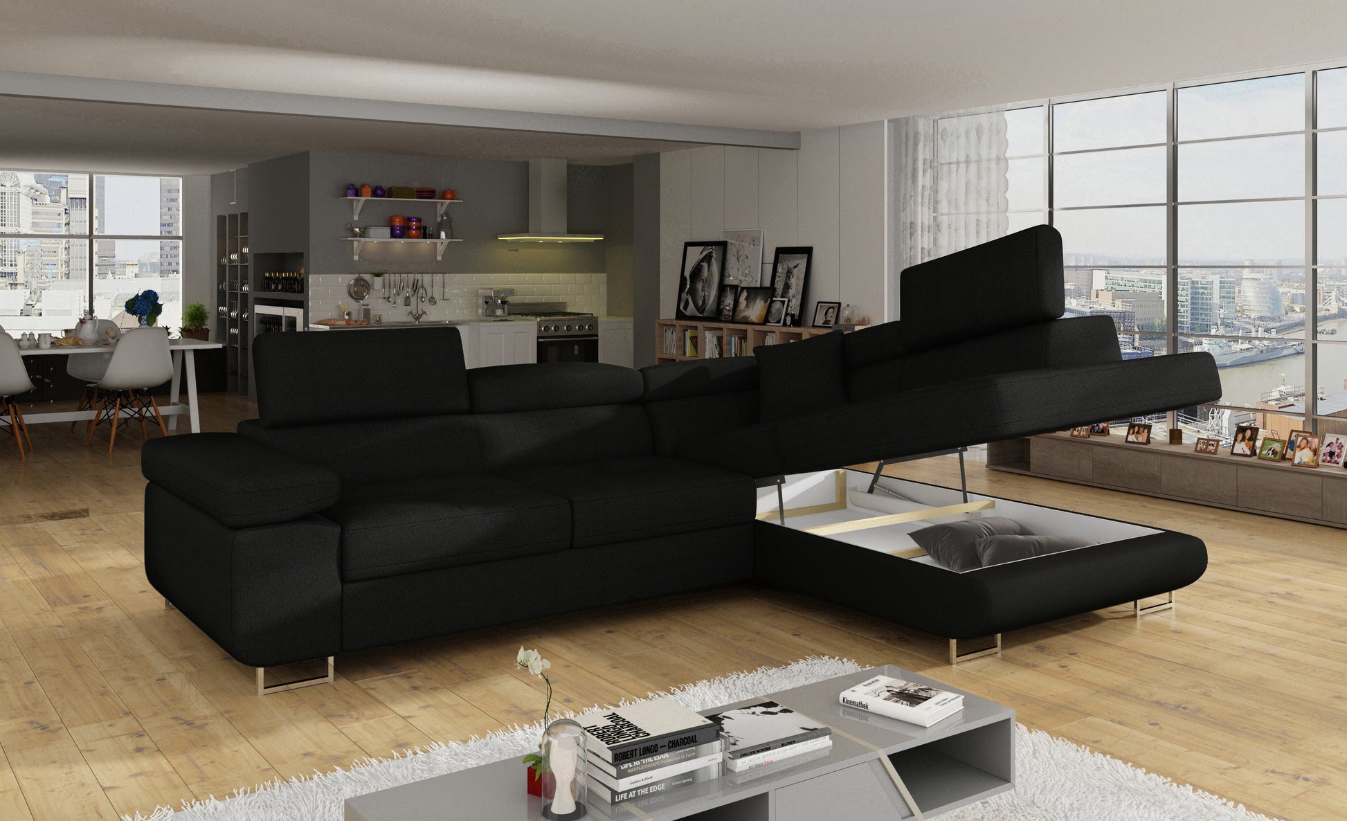 Narożnik Anton Sawana 14 czarny z otwartym pojemnikiem na pościel.