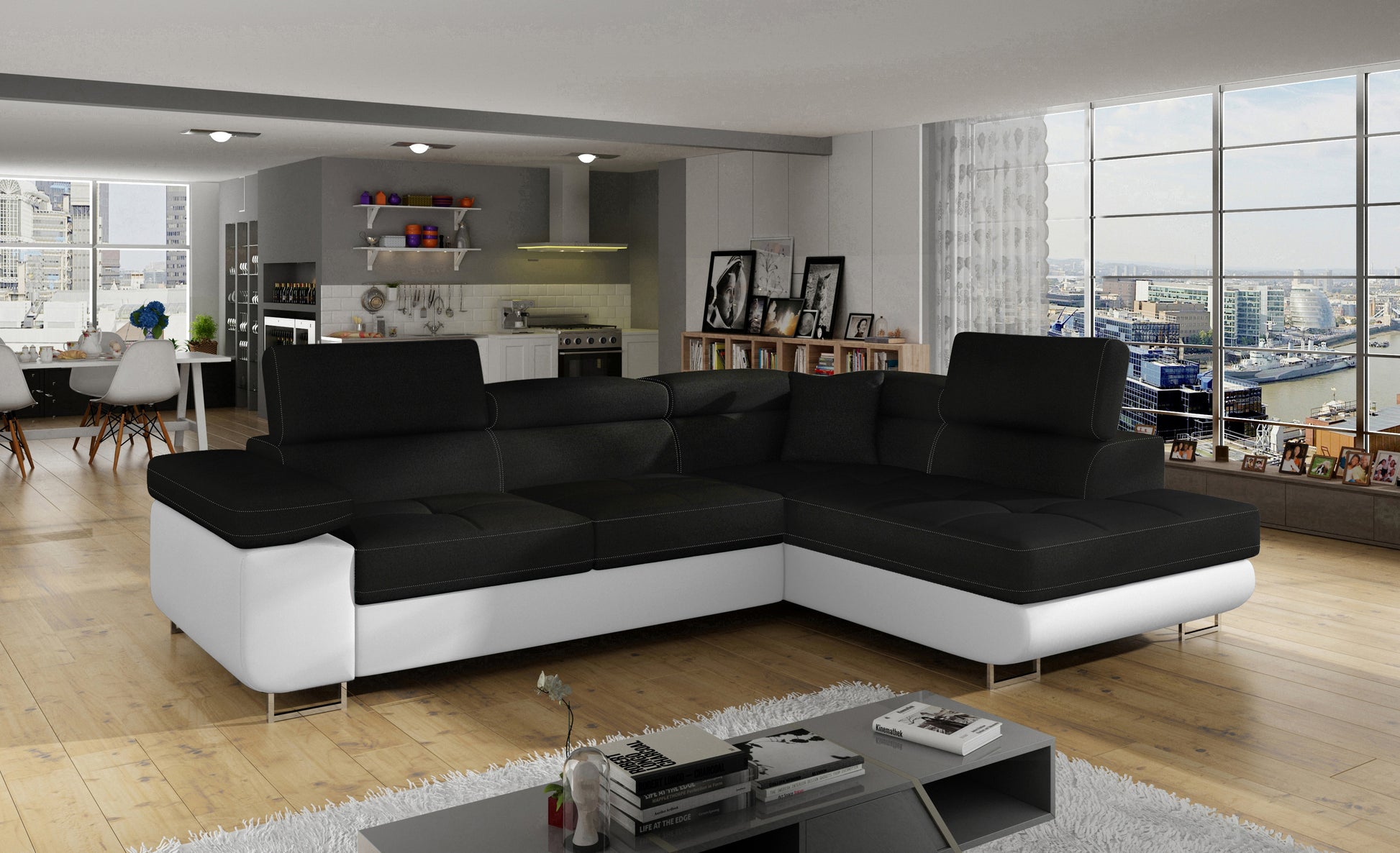 Narożnik Anton Sawana 14 czarny / Soft 17 biały w aranżacji nowoczesnego salonu z dużymi oknami.